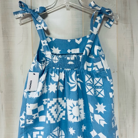 NWT Sonoma Blue White Linen Blend Tie Sleeve Print Tank Top Sz XS - Picture 2 of 9